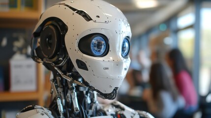 Fototapeta premium An extreme close-up of the adaptive learning algorithms and educational interaction features of a humanoid tutor robot in an educational robotics center, Robotics style, photo of