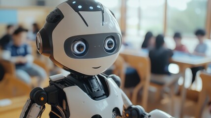Fototapeta premium An extreme close-up of the adaptive learning algorithms and educational interaction features of a humanoid teaching assistant robot in an educational robotics center, Robotics style, photo of
