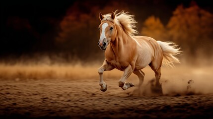 Obraz premium Majestic horse galloping through a tranquil autumn landscape, leaving a trail of dust in a serene natural setting.