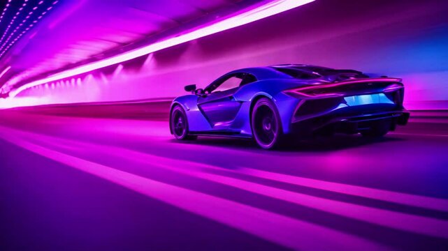 A state-of-the-art car model navigates a brightly lit tunnel filled with neon blue and purple colors at remarkable speed. The modern dark supercar races along the highway, exemplifying the thrill of h
