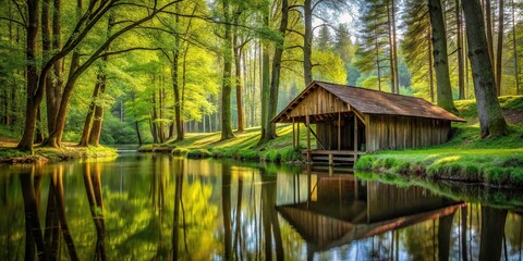 Fototapeta premium Landscape with stable, forest, and river viewed from a low angle