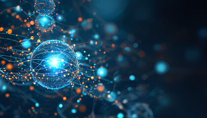 Obraz premium lights of realms Abstract image of interconnected glowing spheres and lines on a dark blue background, representing a network or digital connections