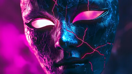The mask is breaking apart with glowing cracks radiating iridescent hues adding to its enigmatic design