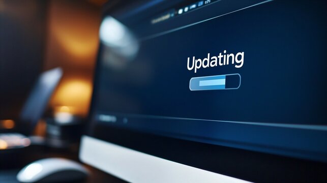 Close-up of computer screen showing software update progress bar with "Updating" text, keyboard and mouse visible in blurred background, modern technology and digital transformation concept.