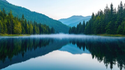 A serene landscape featuring a calm lake reflecting surrounding mountains and lush forests enveloped in morning mist.