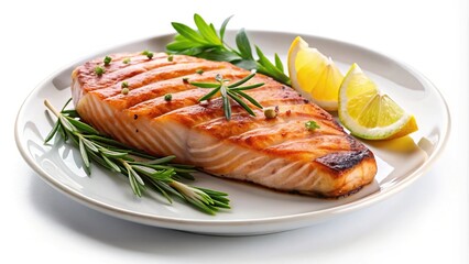 Forced perspective of succulent grilled salmon steak on a plate isolated without background