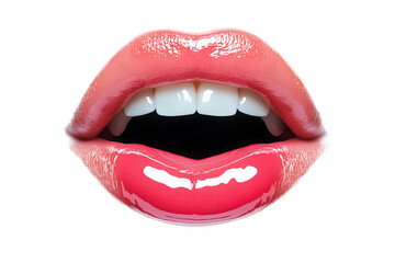 Obraz premium Close-up of glossy lips with bright red lipstick, revealing white teeth. High detail and vibrant color make for a striking visual. Isolated PNG transparent background.