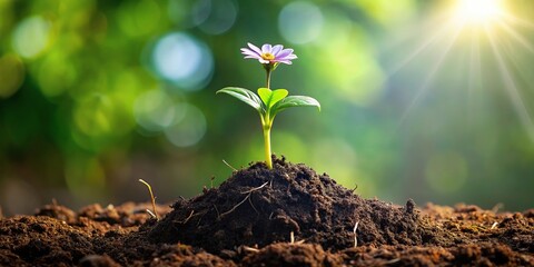 Forced perspective of seedling plant with roots and dirt