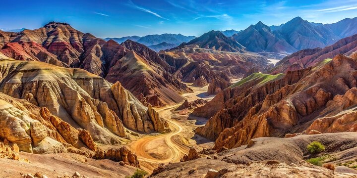 Forced perspective panorama of mountains in Taba colored canyon