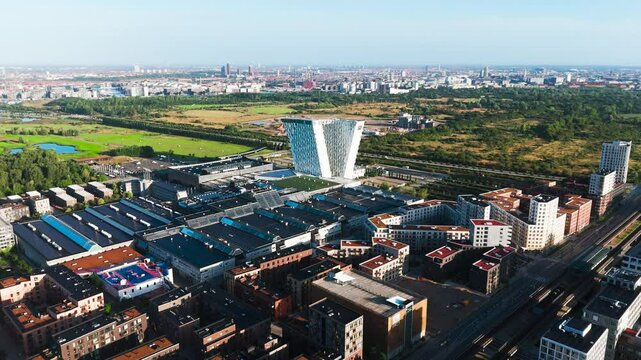 Aerial view of Copenhagen suburb with multistory Bella conference center