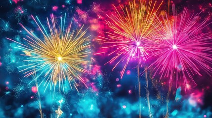 Fototapeta premium Bright fireworks bursting in colorful night sky