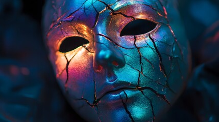 A broken mask with cracks glowing in iridescent colors creates a sense of mystique and fragility