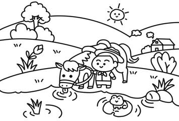 Pet the horse at the garden.