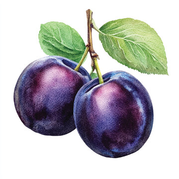 watercolor plums with green leaves clip art preview
