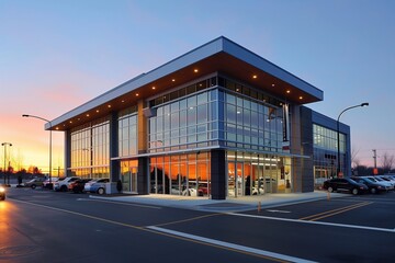 Naklejka premium A contemporary car dealership features expansive glass walls reflecting a vibrant sunset