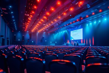The auditorium is prepared for a business conference with colorful lighting and empty seats