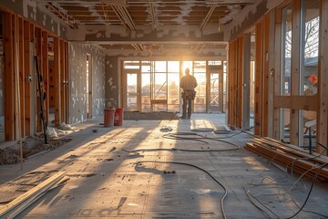 A construction worker stands in an empty space, watching the sunset through large windows