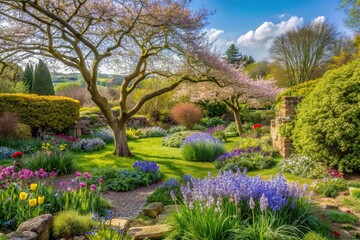 Obraz premium Forced perspective spring garden scene with bare tree branches, rockery flowers, bluebells, shrubs in bloom in English countryside