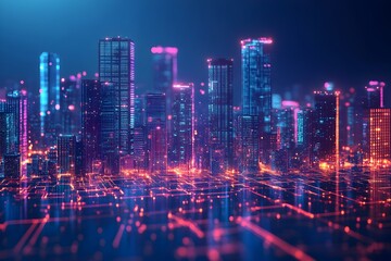 Fototapeta premium Futuristic Smart City Skyline with AI Powered Infrastructure and 5G on Dark Blue Background