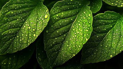 Fototapeta premium Dew drops coat vibrant green leaves, reflecting sunlight and highlighting the intricate textures in a serene natural setting