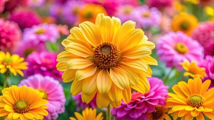 Fototapeta premium Large yellow heliopsis flower in a bouquet with pink flowers, panoramic view