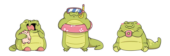 Cute alligator mascot. Funny vector green childish crocodile cartoon character in different poses - yawn with plush toy in hand, sitting with donut and standing in inflatable ring and diving mask
