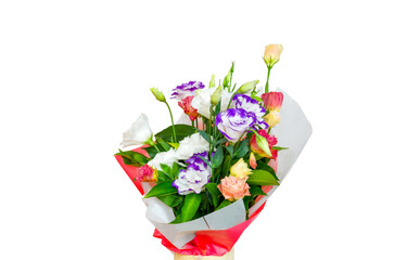 A bright bouquet of mixed flowers, beautifully composed of multi-colored petals and green leaves.