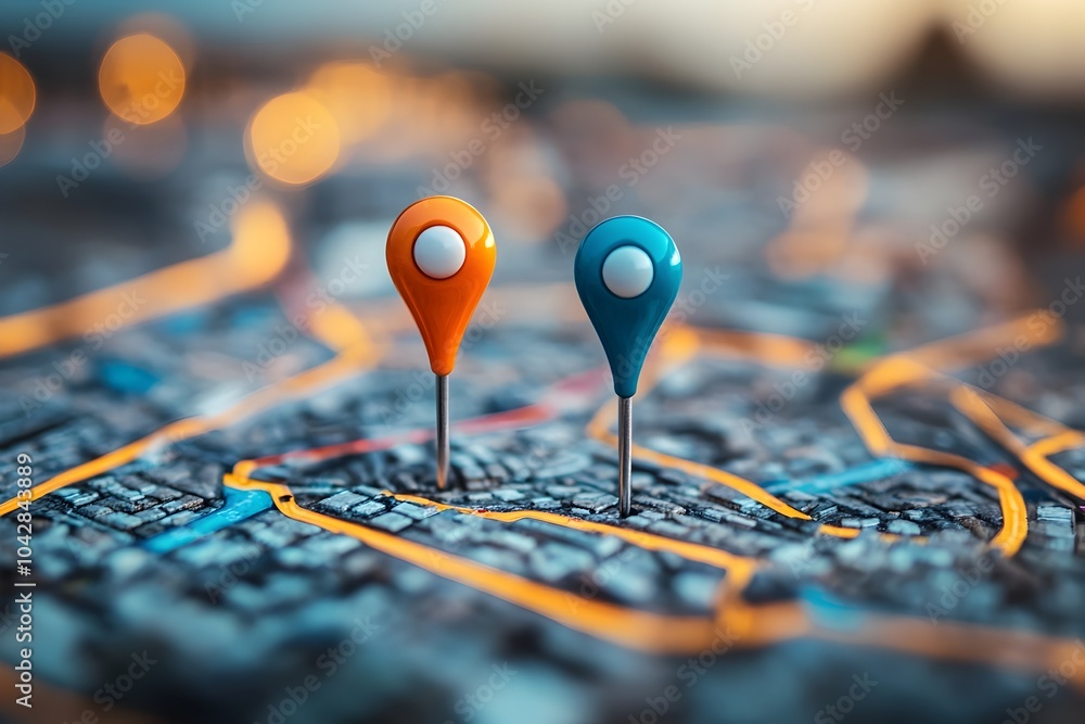 Poster Vibrant GPS Navigation Pins on a Detailed Digital Location Map for Efficient Route Planning and