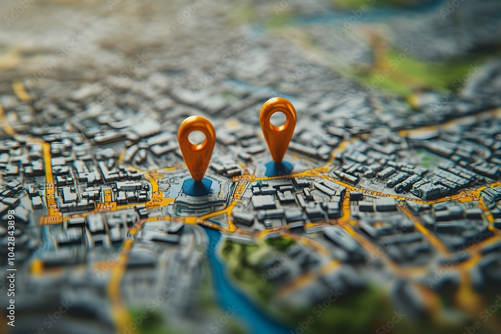 Poster detailed map with vibrant gps navigation pins marking location and destination