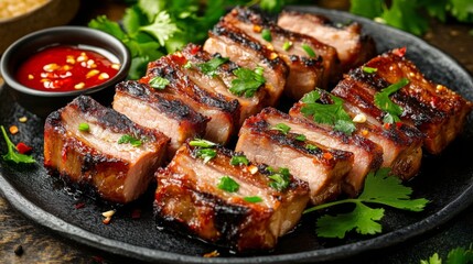 Grilled Meat with Fresh Herbs and Red Sauce