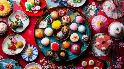 Colorful Japanese Sweets Display on Vibrant Background