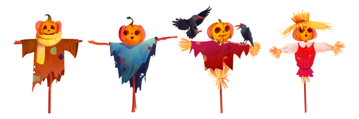 Pumpkin scarecrows set isolated on white background. Vector cartoon illustration of spooky farm doll made of wooden stick, straw and old patched clothes, crows sitting on Halloween garden decoration © klyaksun