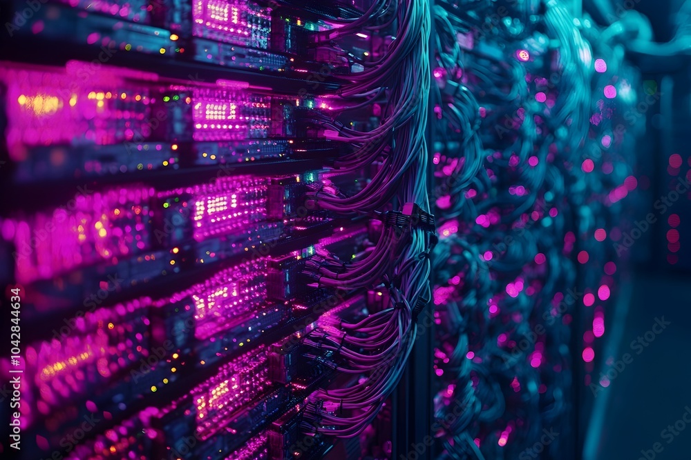 Poster intricate network of illuminated data center cables and servers illustrating complex digital