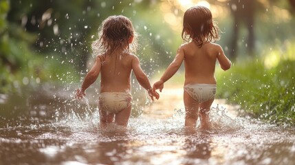 Fototapeta premium Two children play in a sunlit stream, enjoying a joyful moment.