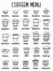 hand drawing of coffee menu in black pencil style. Vector and illustration design