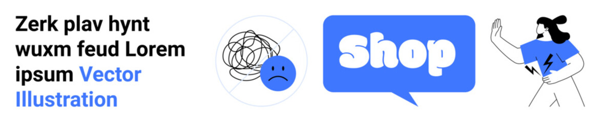 Text suggesting shopping, confused face icon, speech bubble text Shop, woman holding lightning bolt. Ideal for e-commerce, online stores, customer engagement, retail promotion, advertising campaigns