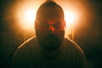 Enigmatic figure with glowing glasses