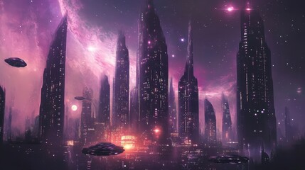 Obraz premium Futuristic cityscape with towering skyscrapers and spaceships in space