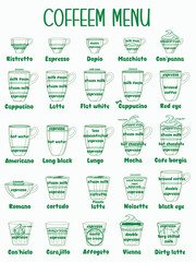 hand drawing of coffee menu in green color style. Vector and illustration design