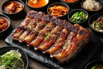 Glazed Pork Ribs with Sesame Seeds and Green Onions on Black Slate