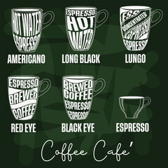 Different coffee in vintage style drawing with chalk on the blackboard.