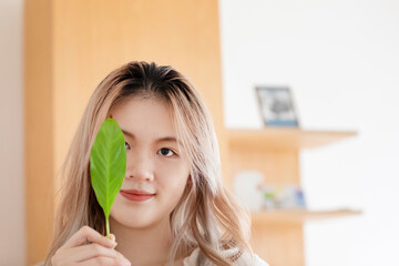 Young chinese woman holding green leave in an office