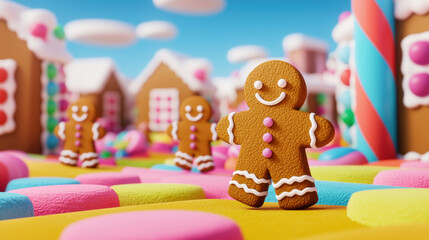 Obraz premium whimsical city made of candy features cheerful gingerbread characters