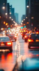 Vibrant Cityscape with Blurred Traffic Lights and Illuminated Vehicles at Night in the Urban Landscape