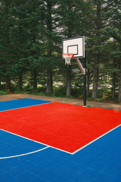 Basketball court with hoop and colorful floor near trees