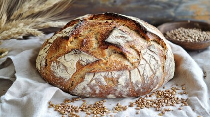 Rustic Bread on Linen with Grains and Wheat Stalks