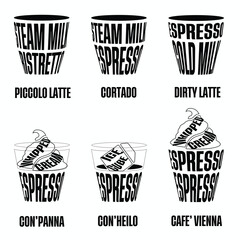 Different coffee in vintage style drawing with black font on the white background