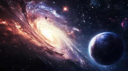 Obraz premium Stunning cosmic scene of a galaxy and a distant planet in space.
