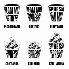 Different coffee in vintage style drawing with black font on the white background