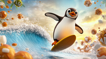 Naklejka premium Surfing penguin catching wave in tropical paradise, joyful and playful